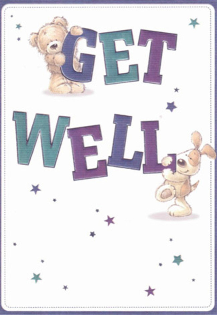 Brimming with gentle encouragement, this get well card's joyous scene unfolds in a palette of purples and aquas, designed to radiate positivity throughout the West Harrow community. The friendly figures-a cuddly bear and an exuberant puppy-are surrounded by playful stars, each one like a note of good cheer drifting through the air, as if echoing the laughter of children in Alexandra Park. The typography feels substantial and celebratory, each letter boasting shadowed hues that ground the design in cheerful reassurance. There's a softly tactile quality to the illustration-the bear's fluffy fur and the velvety ears of the puppy seem to invite a comforting touch, reminiscent of hugging a beloved toy after a day spent exploring West Harrow's markets or leafy avenues. Envision the joy of pairing this card with a bouquet lovingly arranged by a florist familiar with the local spirit: together, they form a warm, heartfelt gesture perfectly suited for lifting spirits during recovery. The card's light, airy mood is a gentle reminder that kindness and encouragement can transcend distance, bringing hope and comfort to anyone in West Harrow who needs it most.